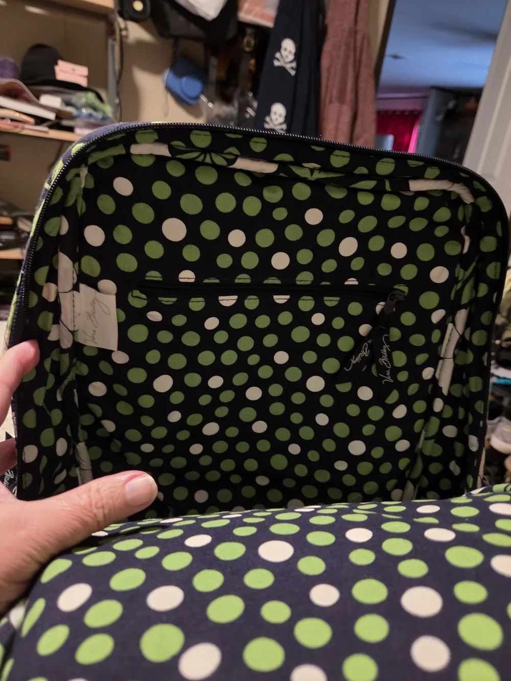 Vera Bradley Black Quilted Backpack with White & Green Floral Print